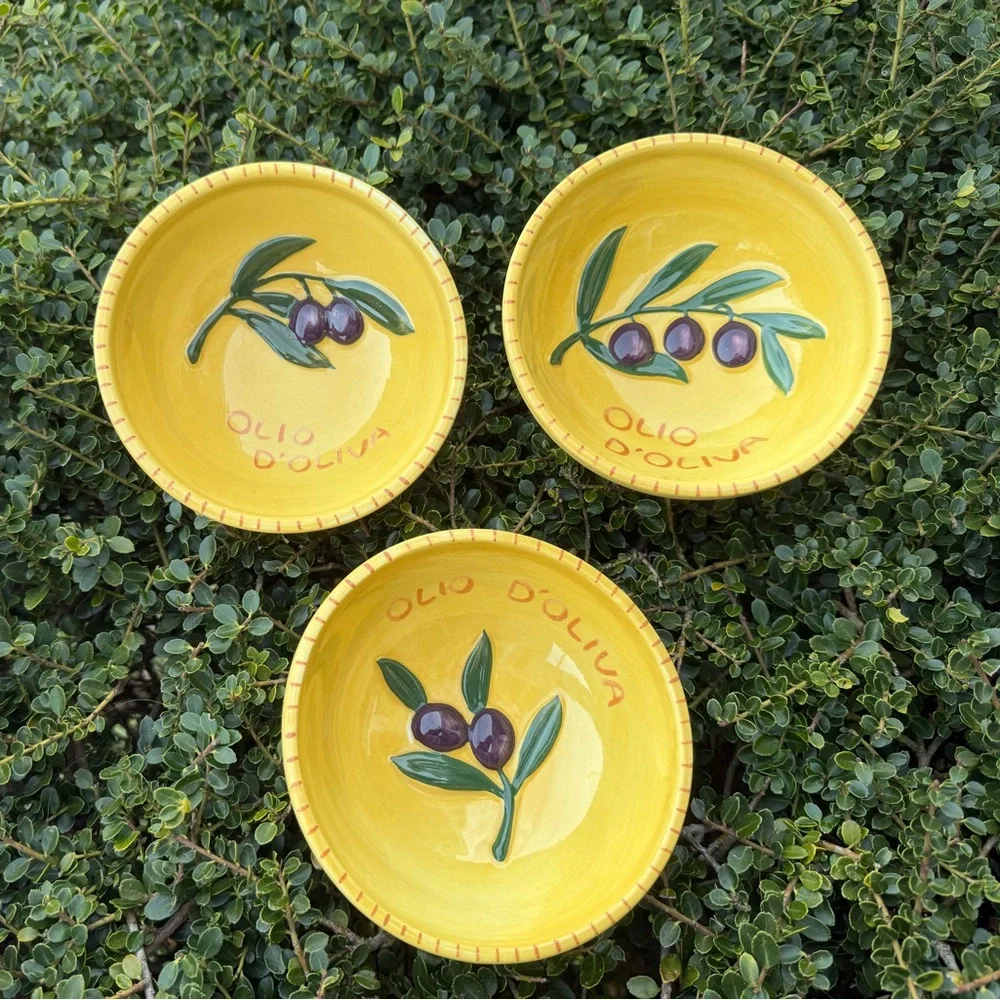 Williams-Sonoma Ceramic Dipping Bowls Olio D’Oliva Yellow Olive Design Set of 3